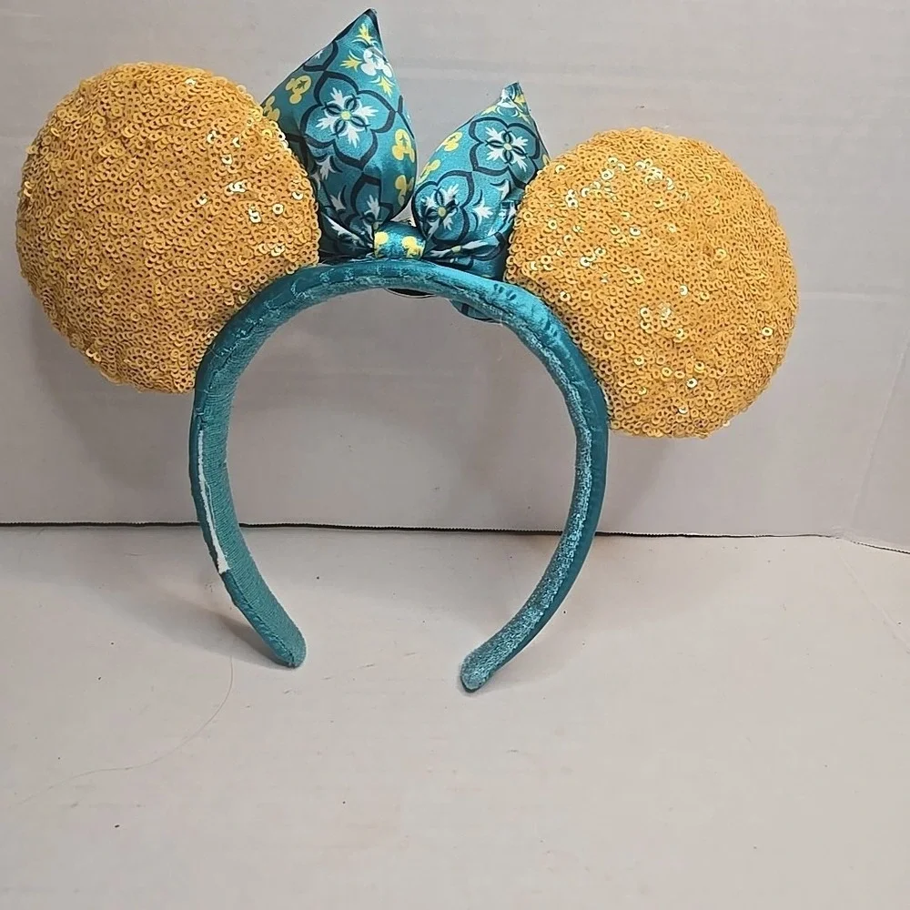 Disney Parks Minnie Mouse Ears Headband | Teal‎ Jeweled Sequin Bow | Apple Charm